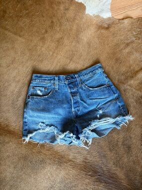 Levi's Distressed Blue High-Rise Jean Shorts